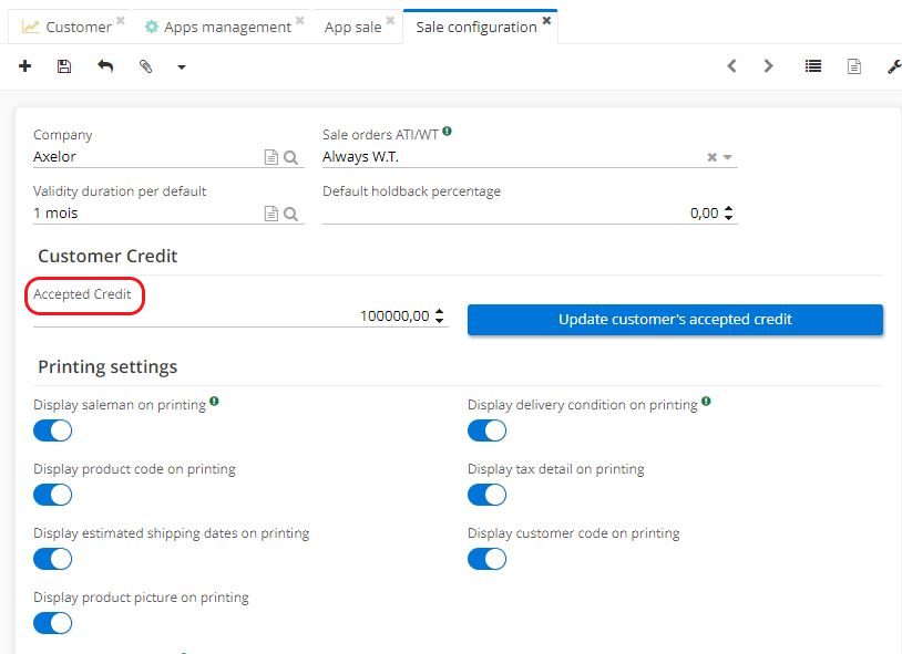 1.3. On the Sale configuration page, define the amount of Accepted Credit.